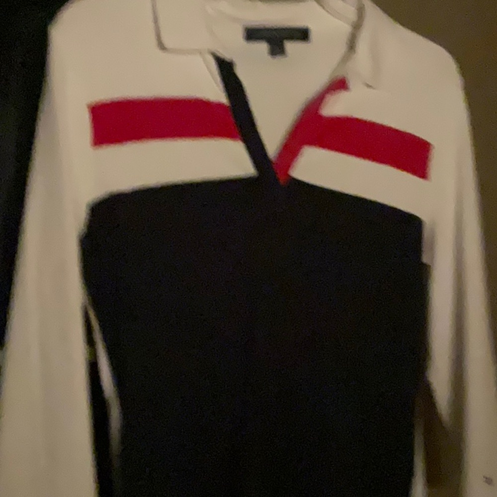 Tommy Hilfiger Stylish Red and Navy Colorblock Polo Shirt